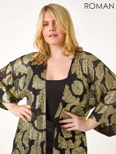 Roman Metallic Curve Floral Print Foil Kimono (AY6205) | £42