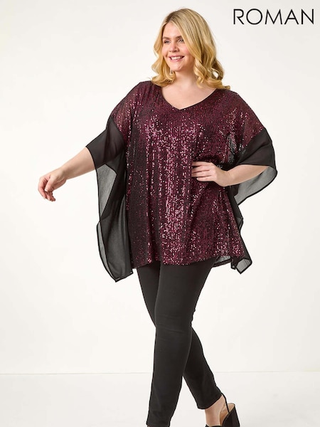 Roman Red Curve Full Sequin Chiffon Overlay Top (AY6215) | £50