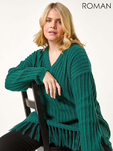 Roman Green Curve V-Neck Tassel Hem Knit Jumper (AY6219) | £45