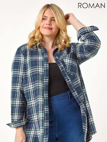 Roman Blue Curve Check Print Button Cotton Shirt (AY6220) | £38