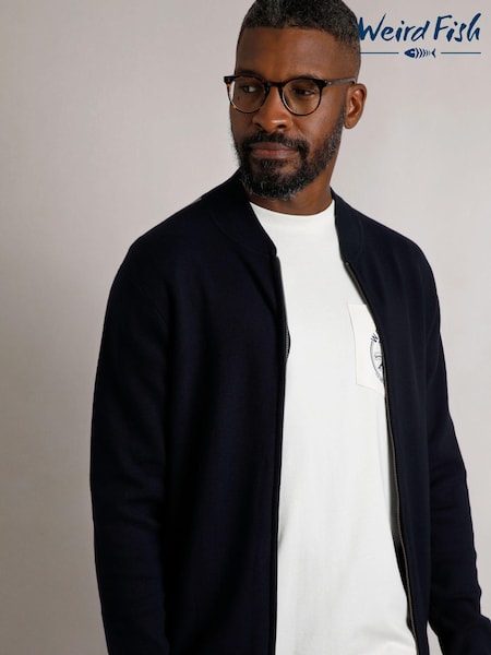 Weird Fish Blue Carter Knitted Full Zip Bomber Jacket (AY6324) | £70