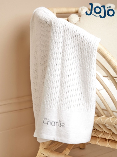 JoJo Maman Bébé Personalised White Woven Cellular Blanket (AY6509) | £24
