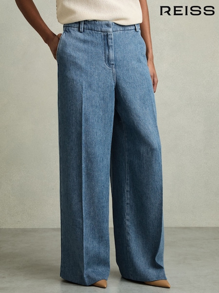 Reiss Mid Blue Reed Petite Denim-Look Wide-Leg Trousers (AY6533) | £150