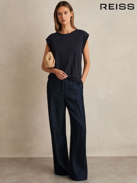 Reiss Dark Blue Reed Petite Denim-Look Wide-Leg Trousers (AY6541) | £150