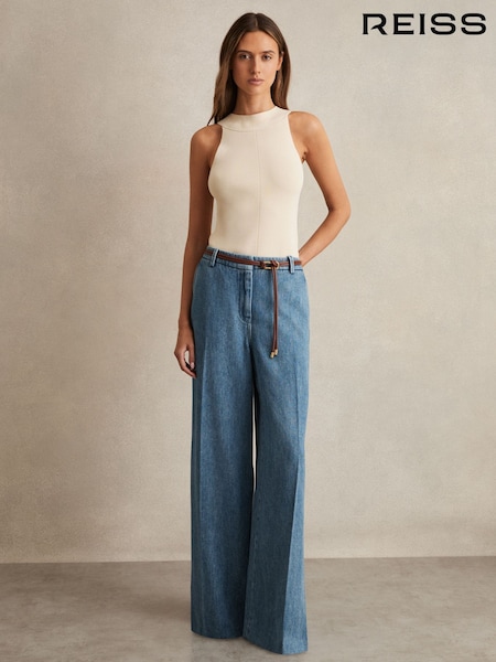 Reiss Mid Blue Reed Denim-Look Wide-Leg Trousers (AY6548) | £150