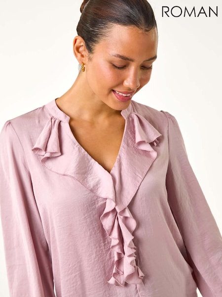 Roman Pink Light Satin Ruffle Front V-Neck Top (AY6703) | £40