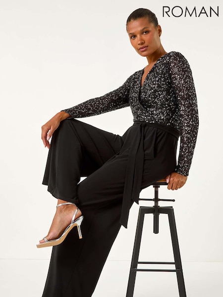 Roman Black Sequin Wrap V-Neck Stretch Jumpsuit (AY6721) | £55
