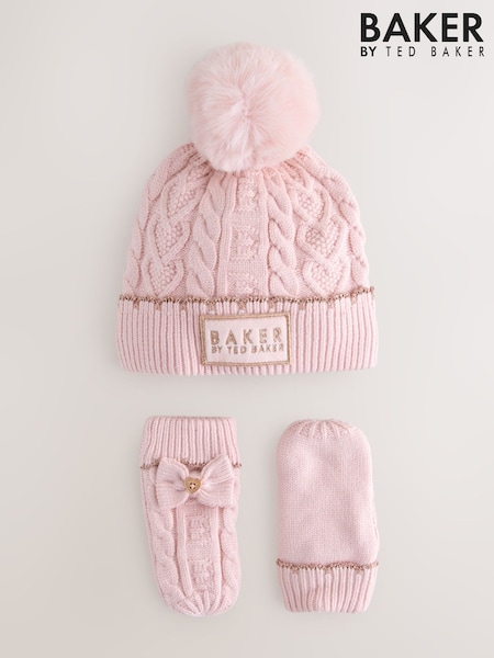 Baker by Ted Baker Girls Pink Cable Knit Beanie and Mittens Set (AY7081) | £26