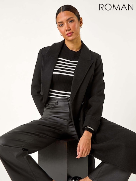 Roman Black Belted Double Breasted Coat (AY7216) | £85