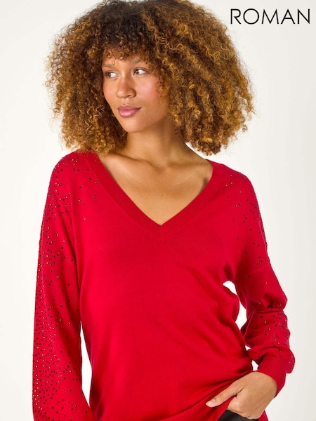 Roman Red V-Neck Boyfriend Hotfix Jumper (AY7251) | £35