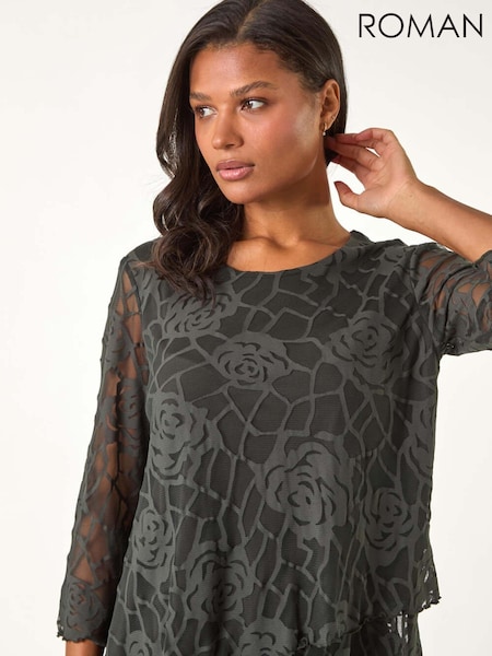 Roman Green Burnout Rose Print Detail Asymmetric Tunic (AY7272) | £40