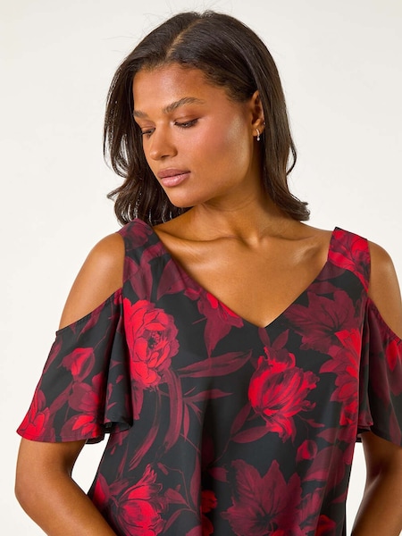 Roman Red Floral Print Cold Shoulder Asymetric Top (AY7288) | £40