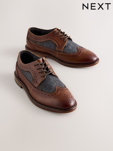 Tan Brown Herringbone Detail Standard Fit (F) Leather Laceup Brogue Shoes (AY7373) | £30 - £40