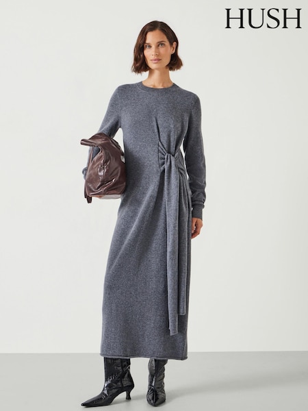 Hush Grey Tilly Tie Waist Merino Wool Midi Jumper Dress (AY7433) | £140