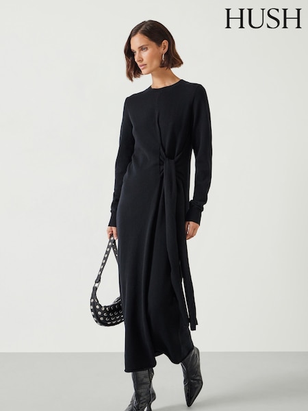 Hush Black Tilly Tie Waist Merino Wool Midi Jumper Dress (AY7446) | £140