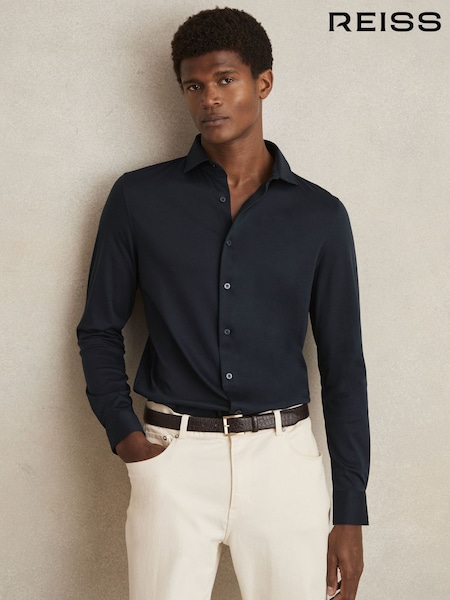 Reiss Navy Duke Cotton-Jersey Button-Through Shirt (AY7477) | £78