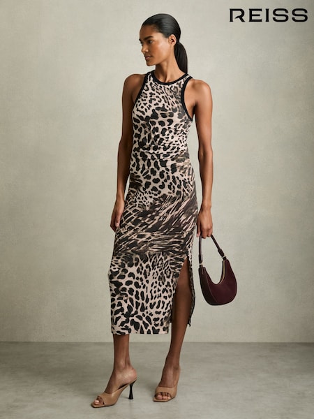 Reiss Neutral Lily Leopard-Print Jersey Bodycon Dress (AY7483) | £120