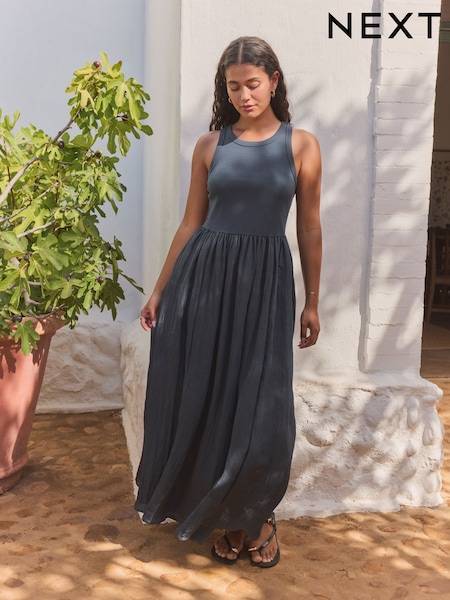 Navy Crinkle Texture Jersey/Woven Mix Midi Dress (AY7504) | £40