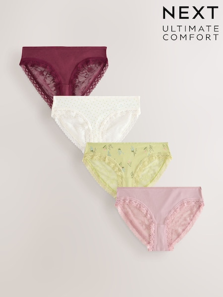 Green Floral Print/Berry High Leg Full Brief Modal Ultimate Comfort Lace Knickers 4 Pack (AY7620) | £20