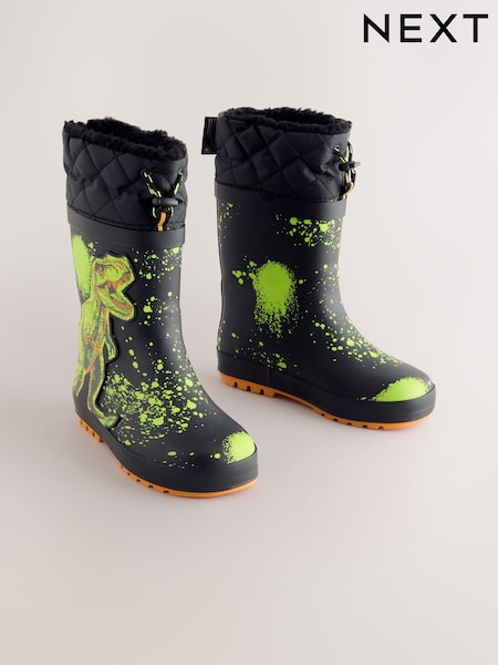 Black Dinosaur Warm Lined Cuff Wellies (AY7651) | £18 - £21