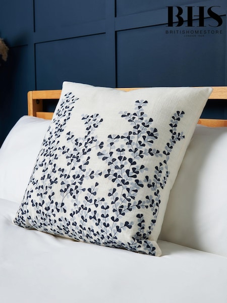 BHS Navy Embroidered 100% Cotton Cushion (AY7786) | £25