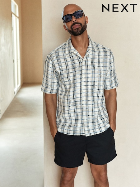 Ecru/Blue Textured Check Short Sleeve 100% Cotton Shirt (AY7859) | £32