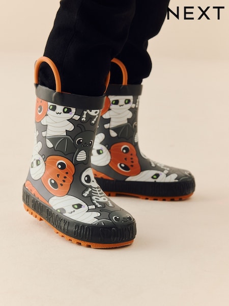 Black/Orange Halloween Handle Pull On Wellies (AY8021) | £15 - £18
