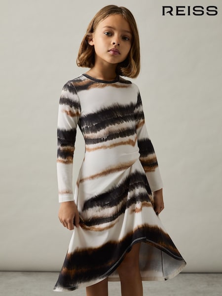 Reiss Ivory Print Georgia 9-13 yrs Printed Jersey Ruched Midi Dress (AY8087) | £60