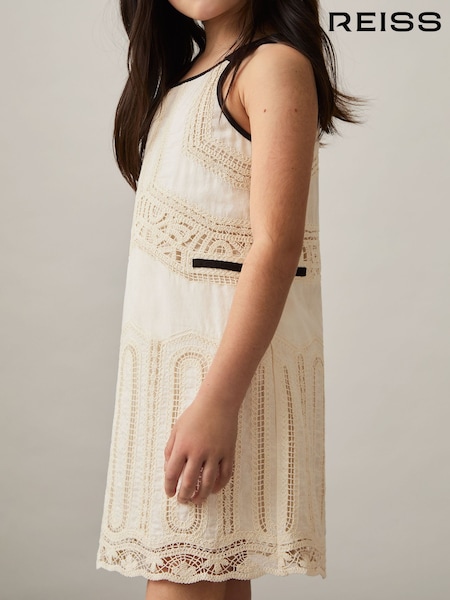 Reiss Ivory Crochia Contrast Trim Lace Dress (AY8090) | £81