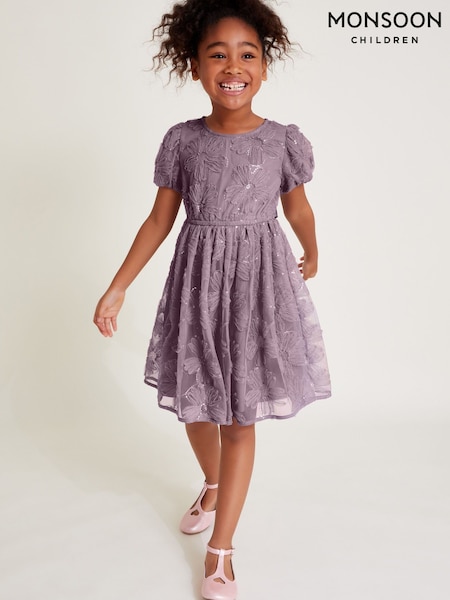 Monsoon Purple Textured Short Sleeves Sequin Flower Dress (AY8223) | £38 - £43