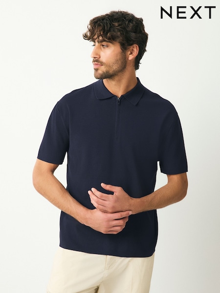 Navy Blue Quarter Zip Relaxed Fit Premium Short Sleeve Knit Polo Shirt (AY8310) | £30