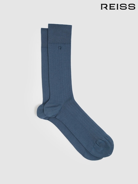Reiss Denim Blue Jace Cotton-Blend Logo-Embroidered Socks (AY8335) | £15