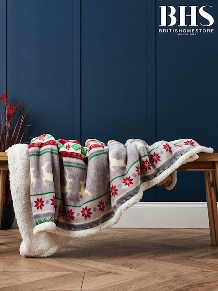 BHS Red Christmas Stag Stripe Throw Sherpa (AY8344) | £30
