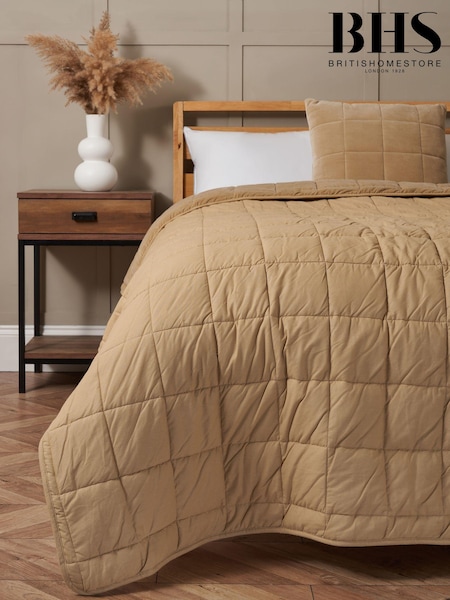 BHS Sand Square Stitch Quilted 100% Cotton Bedspread (AY8353) | £105