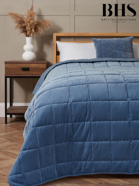 BHS Blue Square Stitch Quilted 100% Cotton Bedspread (AY8360) | £105