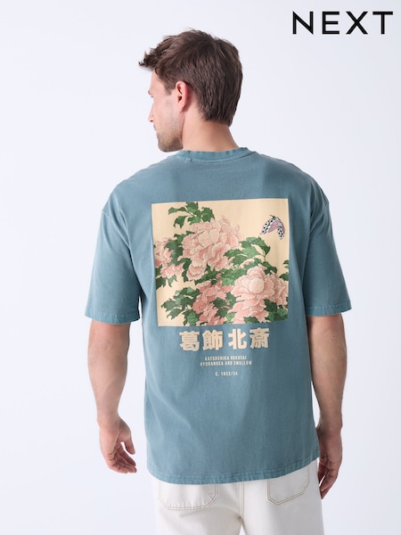 Teal Green Hokusai Floral Regular Fit Artist License 100% Cotton T-Shirt (AY8398) | £22