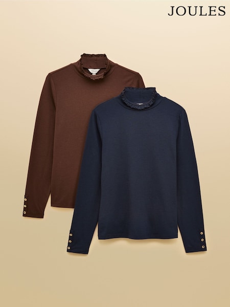 Amy 2 Pack Tan/Navy Long Sleeve High Neck Jersey Top (AY8404) | £46