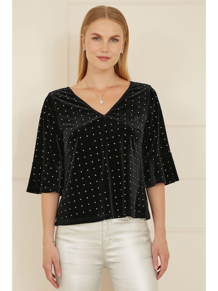 Yumi Black Relaxed Fit Stud Velvet Top With Fluted Sleeves (AY8526) | £50