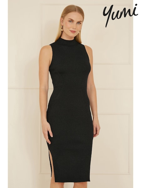 Yumi Black Metallic Fitted High Neck Midi Dress (AY8529) | £50