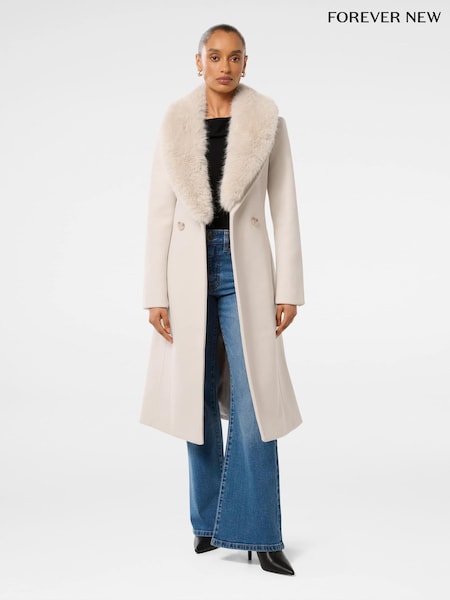 Forever New Cream Monica Petite Faux Fur Collared Wrap Coat (AY8575) | £150