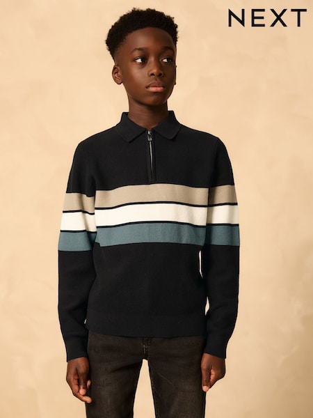 Black Stripe Long Sleeve Zip Neck Knitted Polo Shirt (3-16yrs) (AY8646) | £15 - £20