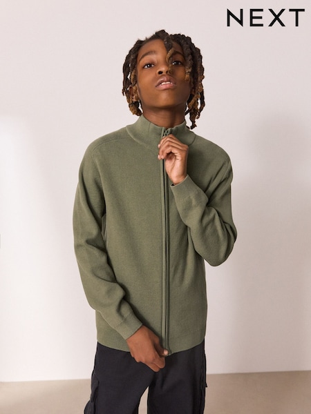 Khaki Green Zip Through Knitted Cardigan (3-16yrs) (AY8655) | £16 - £21