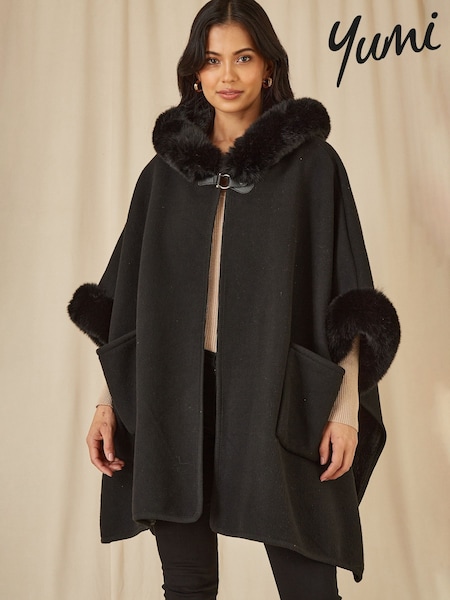 Yumi Black Cape With Luxe Faux Fur Trim And Lining Poncho (AY8702) | £75