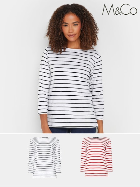 M&Co Red/Navy Blue Striped Slash Neck 100% Cotton T-Shirts 2 Pack (AY8706) | £33
