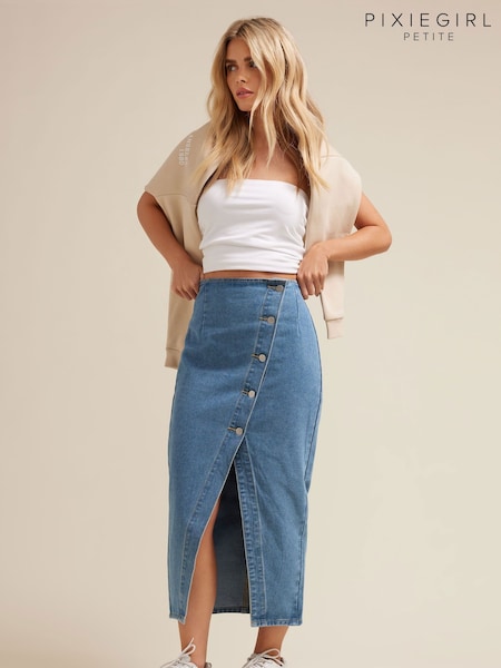 PixieGirl Petite Blue Asymetric Button 100% Cotton Skirt (AY8724) | £34