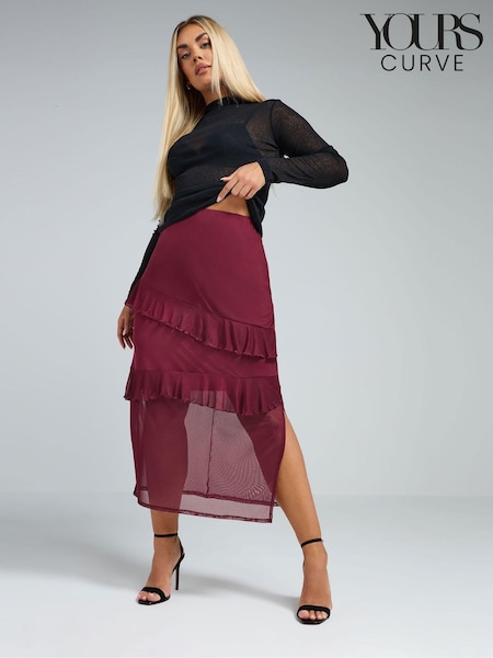Yours Curve Burgundy Red Limited Collection Frill Mesh Skirt (AY8810) | £31