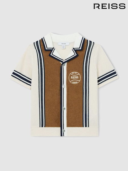 Reiss Tobacco Brown/ Off White Appling 13-14 yrs Cotton Colour-Block Varsity Shirt (AY8860) | £54