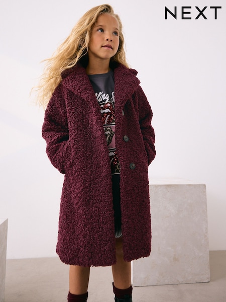 Berry Red Longline Teddy Borg Fleece Coat (3-16yrs) (AY8949) | £36 - £46