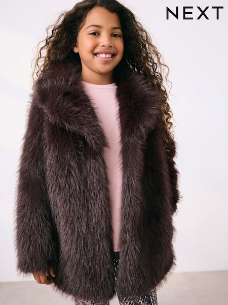 Chocolate Brown Faux Fur Coat (3-16yrs) (AY8952) | £38 - £48