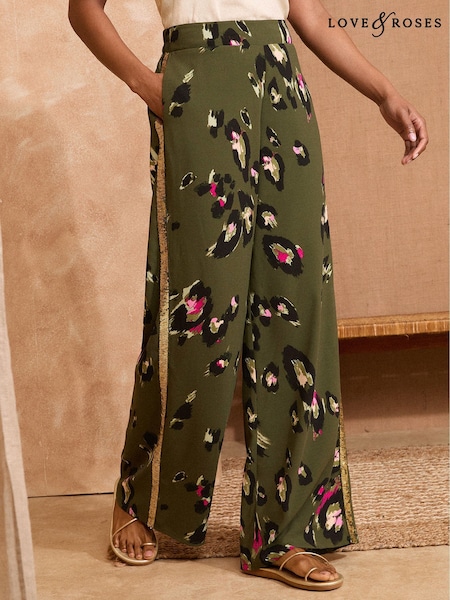 Love & Roses Khaki Green Animal Print Sequin Trim Trousers (AY8990) | £44